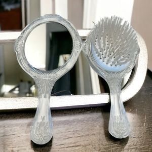 Vintage Godinger Etched Glass Crystal Mirror & Hair Brush Nylon Bristle Heavy